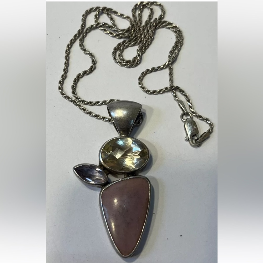 Vintage 925 Starborn Amethyst Citrine Pink Quartz Jasper Necklace Angel Pendant